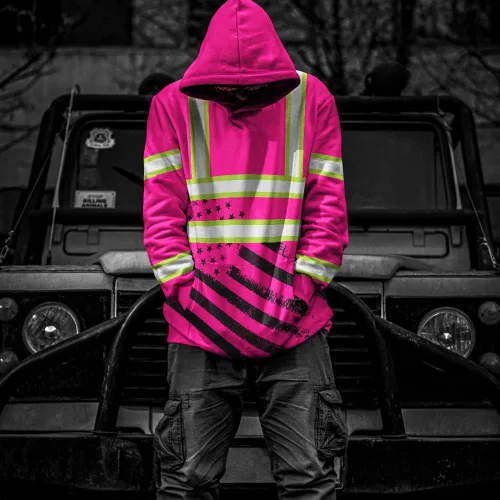 Miniatura 8 de Sudadera con Capucha de Alta Visibilidad con Bandera de EE.UU. de Color Personalizado para Hombres y Mujeres con Cintas Reflectantes, Ropa