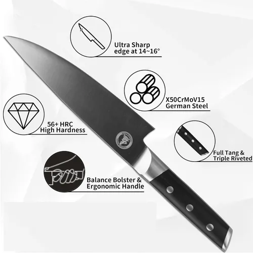 Miniatura 2 de Kitory Cuchillo de chef de 8 pulgadas, cuchillo de cocina Gyuto, picador profesional de espiga completa, acero forjado HC, mango ergonómico de MTD06S