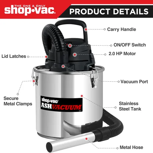 Miniatura 6 de Shop-Vac 4 Galones 2.0 HP Pico Aspirador de Cenizas, Aspirador de Cenizas de 7.0 Amperios con Filtro HEPA, Manguera y Accesorios para Chimeneas