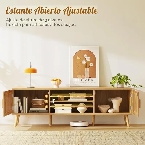 Miniatura 3 de SUPERJARE Soporte de TV bohemio para TV de 65 pulgadas, centro de entretenimiento con estante ajustable, consola de TV de ratán con 2 gabinetes