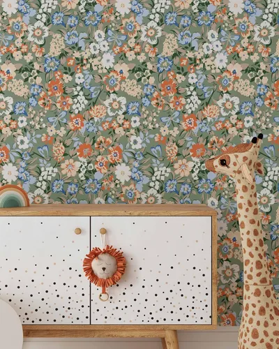 Miniatura 3 de Papel tapiz floral retro colorido, papel tapiz botánico autoadhesivo extraíble, papel tapiz floral para despegar y pegar
