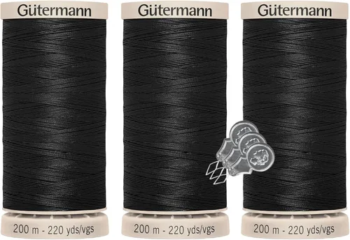 Gutermann - Hilo para acolchado a mano (738219), 100% algodón mercerizado, paquete de 3 (220 yardas cada uno) con 3 enhebradores de agujas Bella's