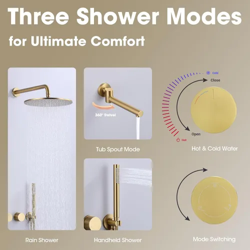 Miniatura 6 de TRUSTMI Sistema de ducha dorado cepillado con boquilla giratoria, juego de ducha de lluvia de 12 pulgadas montado en la pared con válvula desviadora