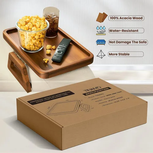 Miniatura 7 de Tinamo Mesa de brazo de acacia de 13.75 x 9.5 pulgadas, bandeja de brazo de sofá de madera, mesa de reposabrazos para sofá, bandeja de reposabrazos