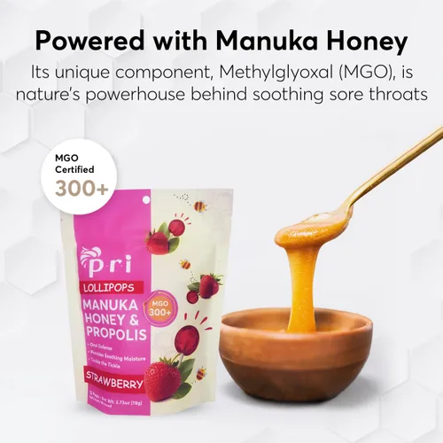 Miniatura 4 de P.R.I Paletas de miel de Manuka con propóleo, certificado MGO 300+ - Calmante para la garganta, sabor a fresa, (24 paletas, 5.46 onzas)