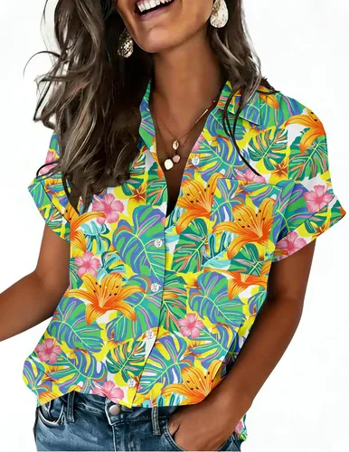 Miniatura 16 de Zeagoo Camisa de manga corta con botones para mujer, cuello en V, elegante, casual, para negocios, trabajo, con bolsillo, S-XXL
