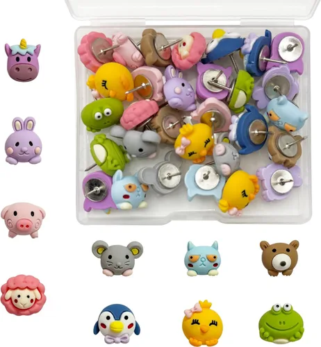 30 piezas de alfileres de empuje decorativos con forma de animales, tachuelas lindas de animales para tablero de corcho, pared de fotos, mapa