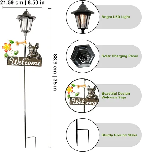 Miniatura 4 de Crosslight Letrero de bienvenida LED solar de Bulldog Francés, luz de estaca de jardín resistente a la intemperie para decoración al aire libre