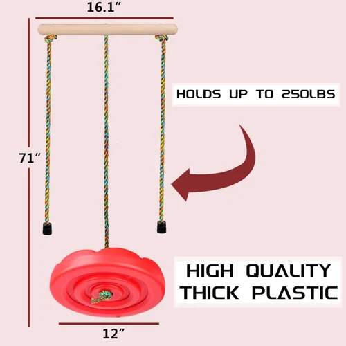 Miniatura 5 de Columpio de disco para niños, juego de columpios de árbol, accesorios de cuerda ajustable con barras de mono, 1 mosquetón, 2 correas para colgar Rojo