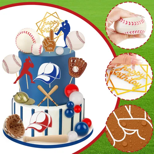 Miniatura 7 de Hooqict Juego de 26 decoraciones de pastel de béisbol con mini bolas, jugador, gorras, guantes, murciélagos, adornos de pastel de cumpleaños