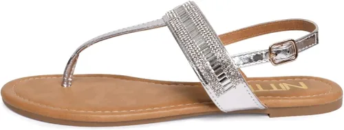 Miniatura 2 de NITTI Sandalias planas para mujer Correa en T con diamantes de imitación y hebilla de tobillo ajustable para mujer