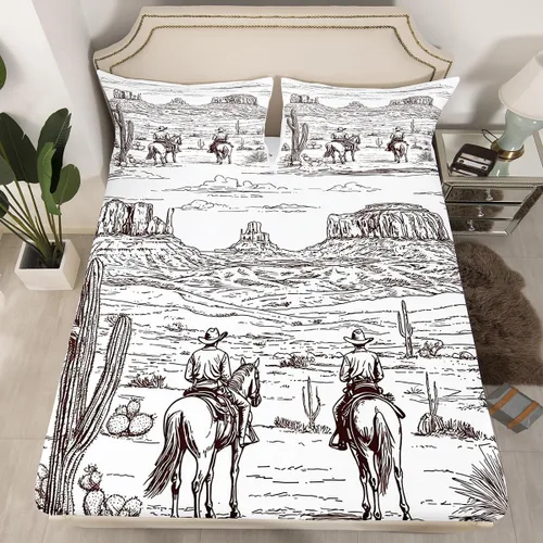 Miniatura 11 de Erosebridal Sábana bajera ajustable de vaquero, tamaño individual, desierto salvaje oeste americano, ilustración dibujada a mano, para decoración
