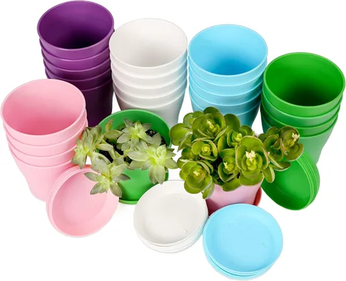 TDHDIKE 10 macetas de plástico para interiores, mini plántulas de flores, maceta de vivero/maceta/maceta con paleta, contenedores decorativos
