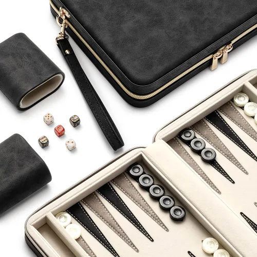 Juegos de backgammon Lingle para adultos, juego de mesa clásico con estuche plegable de cuero sintético para backgammon, juego de backgammon Negro