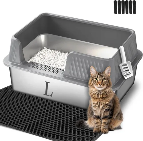 Suhaco - Caja pequeña de arena para gatos de acero inoxidable con entrada lateral, paredes altas y profundas con tapa lateral extraíble, alfombrilla