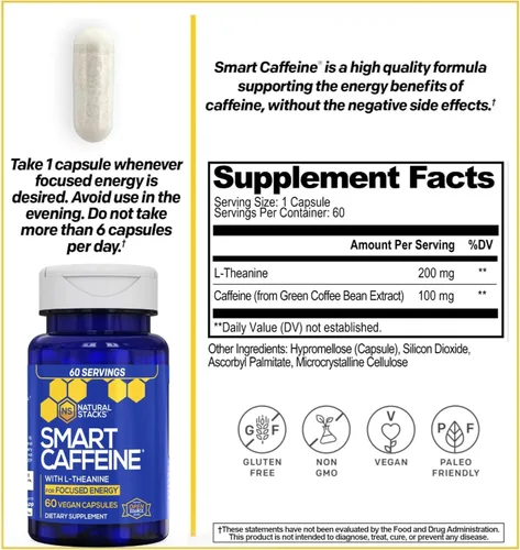 Miniatura 2 de Natural Stacks Smart Cafeine – Suplemento energético – Un frasco contiene 60 cápsulas – Crea energía duradera, evita el golpe de cafeína, aumenta