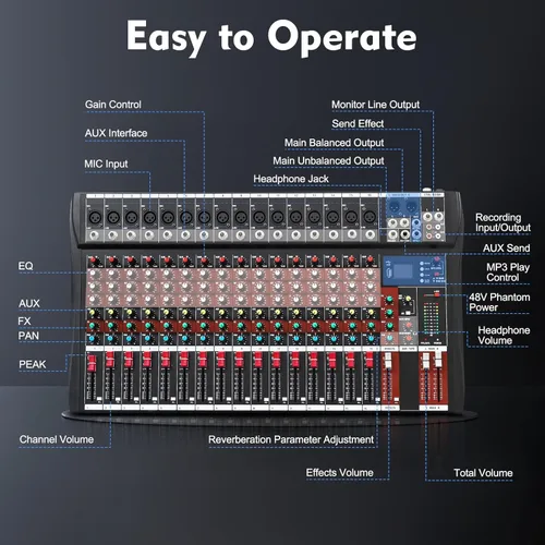 Miniatura 5 de Mezclador de audio de 16 canales, consola de mezcla de tablero de sonido, mezclador de sonido DJ con USB y Bluetooth, mezclador de audio de estudio