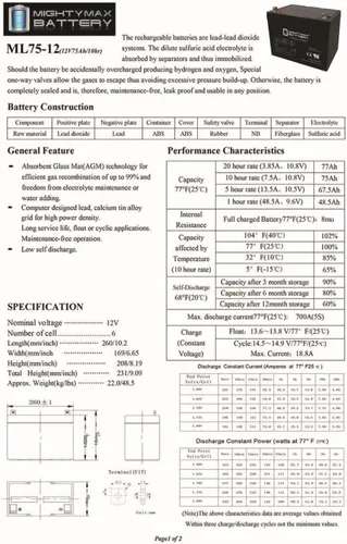 Miniatura 6 de Mighty Max Battery Batería SLA de 12V 75Ah para bomba de respaldo Wayne ESP25