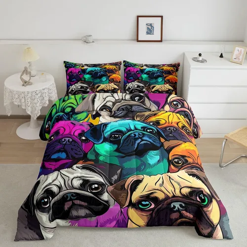 Miniatura 2 de Juego de edredón con diseño de Pug encantador, juego de cama con dibujos de perros Pug coloridos para niños y niñas, edredón de plumón con 1 edredón