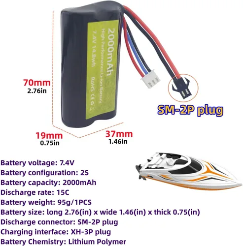 Miniatura 2 de Batería de iones de litio de 7.4 V 2000 mAh con enchufe SM-2P con cargador 2 en 1 para skytech H101 H103 H105 RC barco y MN D90/91, MN 99/99s RC Car