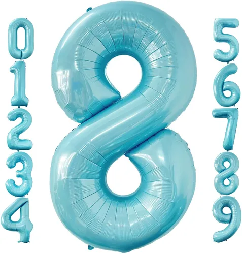 Globos de 40 pulgadas color azul bebé número 8 de gran tamaño Jumbo dígitos de aluminio Mylar helio azul claro globos para niños 8º tema azul