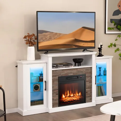 Tangkula - Soporte de TV para chimenea eléctrica, chimenea eléctrica con repisa con luces LED de 16 colores, estantes de vidrio ajustables, control
