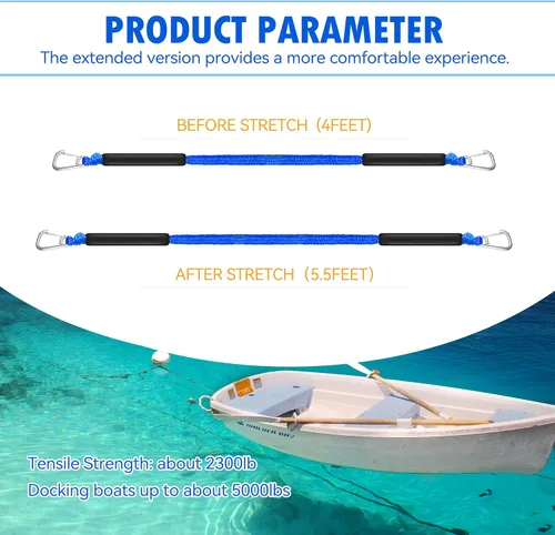Miniatura 5 de Líneas de muelle elástico para barcos, cuerda flotante sin fregadero con ganchos dobles, amarre de lancha resistente para muelle para pontón jet ski