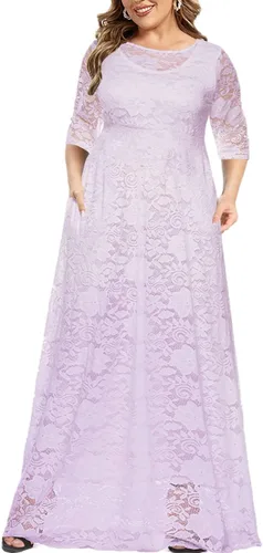 MAYFASEY Vestido de novia de encaje floral para mujer, talla grande, manga 34, dama de honor, fiesta de noche, vestido largo con bolsillos