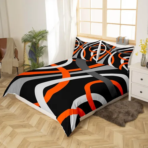 Miniatura 3 de Feelyou Juego de funda de edredón geométrica de color rojo, negro y gris, juego de ropa de cama retro con remolinos circulares a rayas circulares