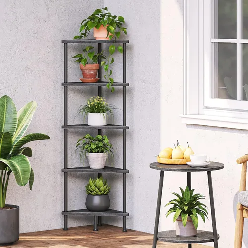 Miniatura 8 de HOOBRO Estante esquinero, estantería industrial de esquina de pared de 5 niveles con marco de metal, estante de exhibición de plantas, estantería