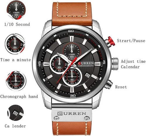 Miniatura 5 de Reloj de cuarzo analógico con correa de cuero para hombre, estilo clásico, informal, de acero inoxidable, impermeable, cronógrafo, fecha, analógico