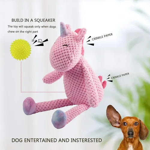Miniatura 6 de GOOLA Juguetes Chirriantes para Perros - Juguetes de Peluche Duraderos con Chirriador y Papel Crujiente, Paquete Temático de Unicornio para Rosa