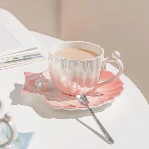 Miniatura 4 de Taza y platillo Pearl Shell – Taza de café de cerámica degradada de 8 onzas, té vintage, capuchino, arte con leche para regalo de cumpleaños