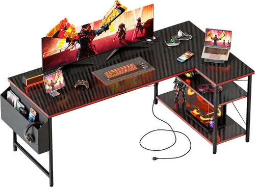 Miniatura 32 de Mericonia Escritorio pequeño en forma de L para computadora con tomas de corriente, escritorio de juegos para espacios pequeños, escritorio