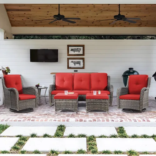 Miniatura 50 de Juego de 2 sillas de patio giratorias de 360 grados para exteriores y mesa auxiliar a juego – 3 sillas deslizantes de mimbre para patio con cojines