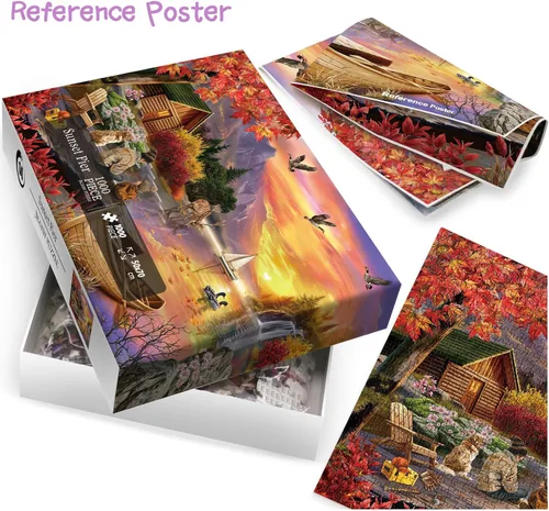Miniatura 4 de Rompecabezas de paisaje al atardecer para adultos, 1000 piezas, rompecabezas de pesca de otoño, camping, lago, hermoso pájaro, perro, flor, ciervo