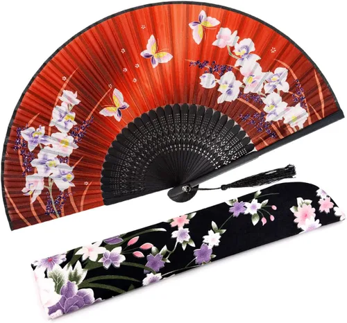 Miniatura 12 de Abanico plegable de seda y bambú, 8.27 pulgadas (21 cm), estilo retro, vintage, elegante y encantador, chino/japonés, regalo para mujeres y niñas