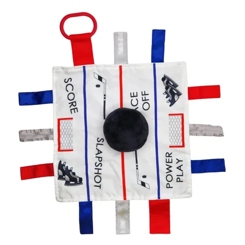 Baby Jack & Co - Manta de felpa sensorial de hockey deportiva de 10 x 10 pulgadas, juguetes de etiqueta para bebés, juguetes para cochecito de bebé,