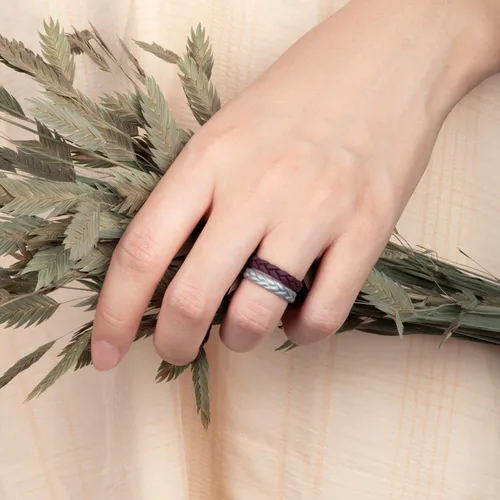 Miniatura 9 de Egnaro Anillos de boda de silicona para ella, conjuntos de novia de goma para mujer, bandas finas, diseño trenzado de hojas apilables con ranuras