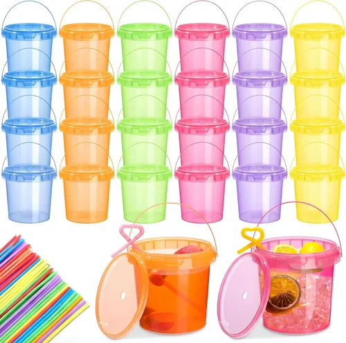 Miniatura 13 de Funnymoom Paquete de 36 cubos de plástico para ron para bebidas con pajita, cubeta de cóctel para helado, con tapas y asas, recipientes de alimentos