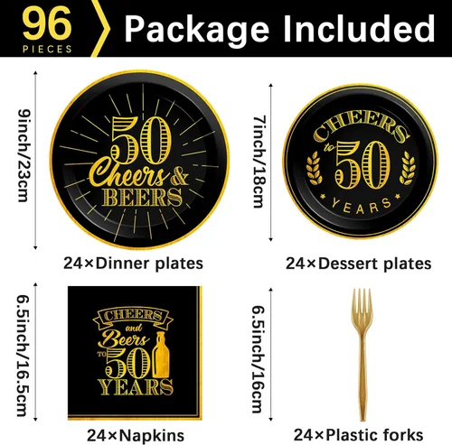 Miniatura 2 de Juego de 96 platos y servilletas para cumpleaños de 50 años, suministros de fiesta de felicitación a los 50 años, decoración de cumpleaños de 50
