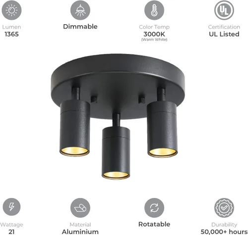 Miniatura 5 de Shura - Lámpara de techo LED redonda integrada de 3 luces negras con cabezales giratorios, luz de techo ajustable de montaje empotrado, 3000 K, 1365