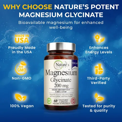 Miniatura 5 de Nature's Potent Glicinato de magnesio 200 mg Magnesio quelado de alta absorción Apoyo para dormir, calma y calambres musculares Suplemento