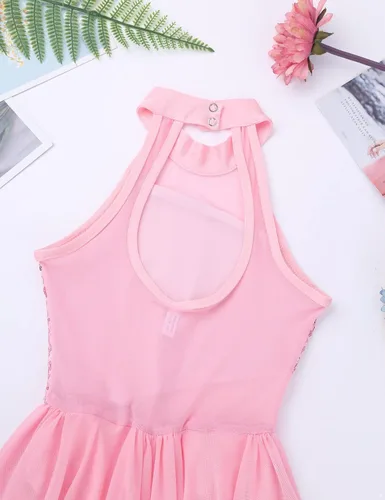 Miniatura 28 de YiZYiF Vestido de baile de lentejuelas para niños y niñas, leotardo de ballet, cuello alto, vestido lírico, traje de rendimiento irregular