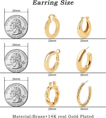 Miniatura 2 de Juego de aretes de aro chapados en oro real de 14 quilates, hipoalergénicos, gruesos y gruesos, joyería gruesa para múltiples piercings, regalo