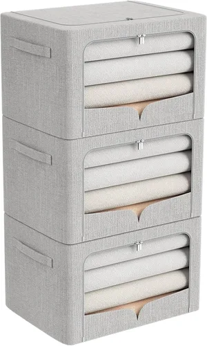 Miniatura 21 de FHSQX Paquete de 3 contenedores de almacenamiento de ropa, caja de almacenamiento plegable con marco de metal, juego organizador apilable de tela