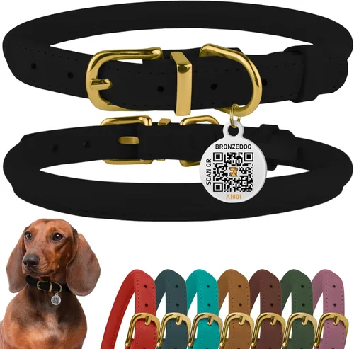 Miniatura 21 de Collar de cuero enrollado, redondo, suave y ajustable con placa de identificación por QR para perro pequeño, mediano y grande, cachorro y gato Rosa