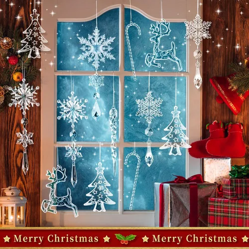 Miniatura 4 de Geegoods 18 adornos de Navidad, copos de nieve, decoraciones colgantes de cristal acrílico de Navidad, decoraciones de cristal de carámbano