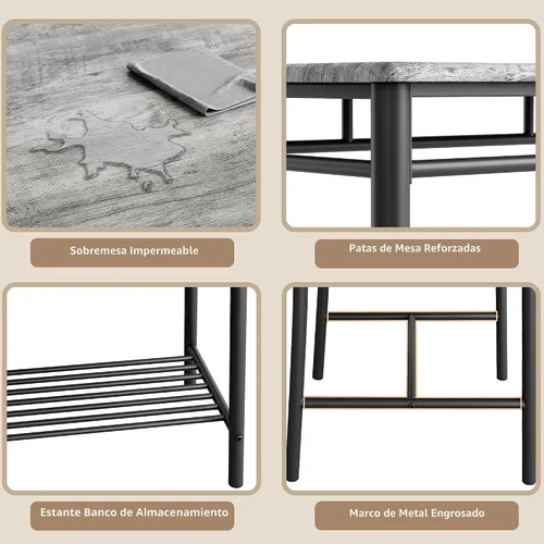 Miniatura 7 de IRONCK Juego de mesa de comedor para 4, mesa de cocina con banco tapizado y 2 sillas, juego de mesa de cocina y sillas para espacio pequeño, Gris