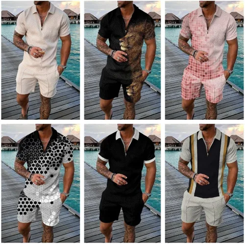 Miniatura 5 de BIRW Conjunto deportivo de 2 piezas para hombre, conjunto de pantalones cortos de verano de moda, camiseta polo casual de manga corta y pantalones